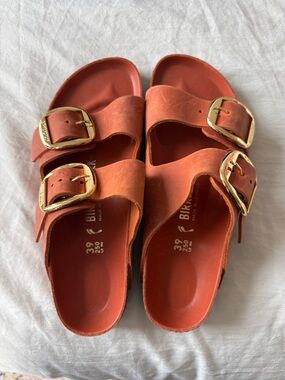 Birkenstock Unworn Orange Double-Buckle Slide Sandals with Gold Buckles